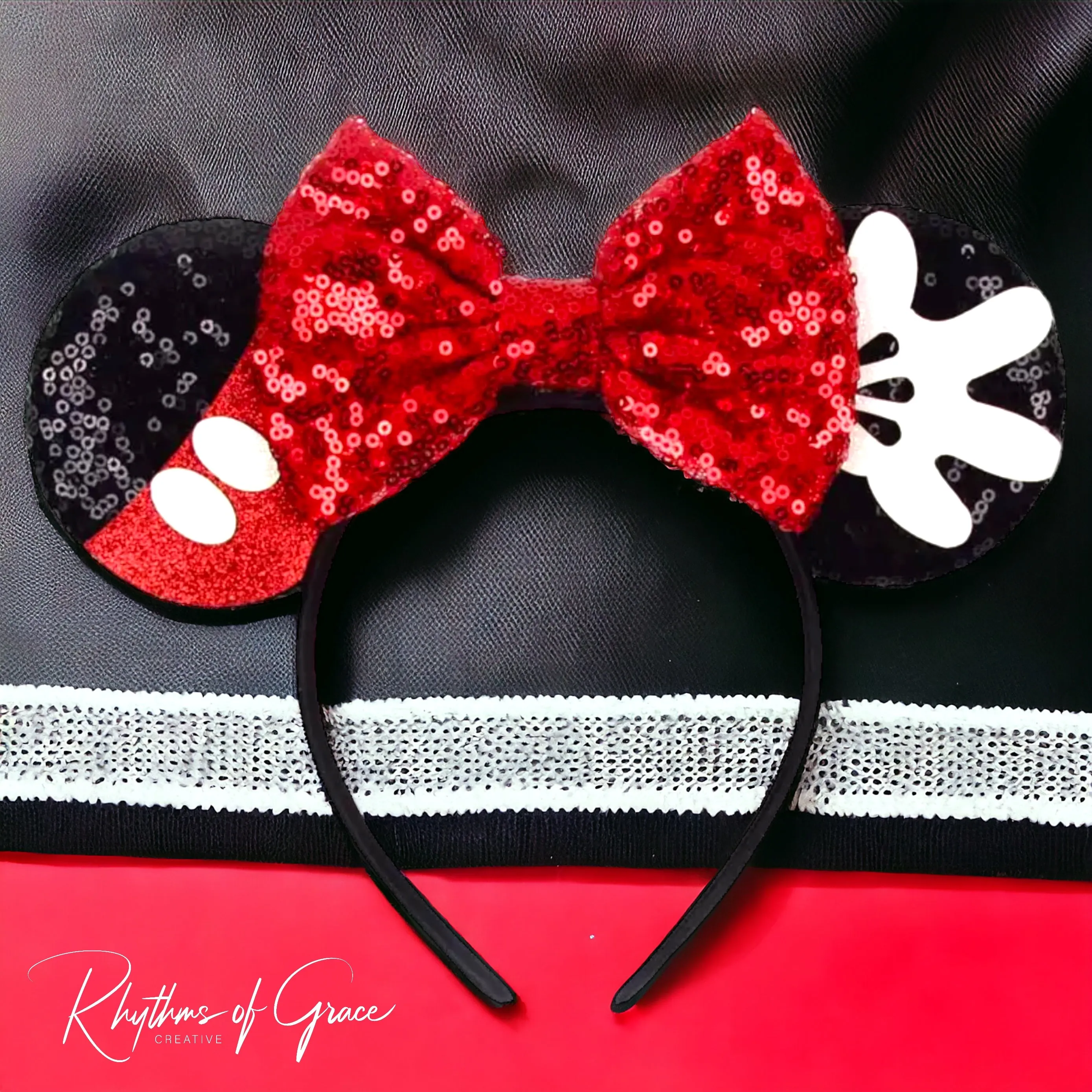 Mickey Mouse Inspired Ears Headband with Red Sequin Bow - Brand New!