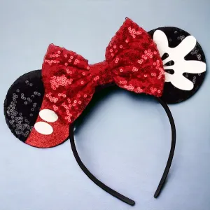 Mickey Mouse Inspired Ears Headband with Red Sequin Bow - Brand New!