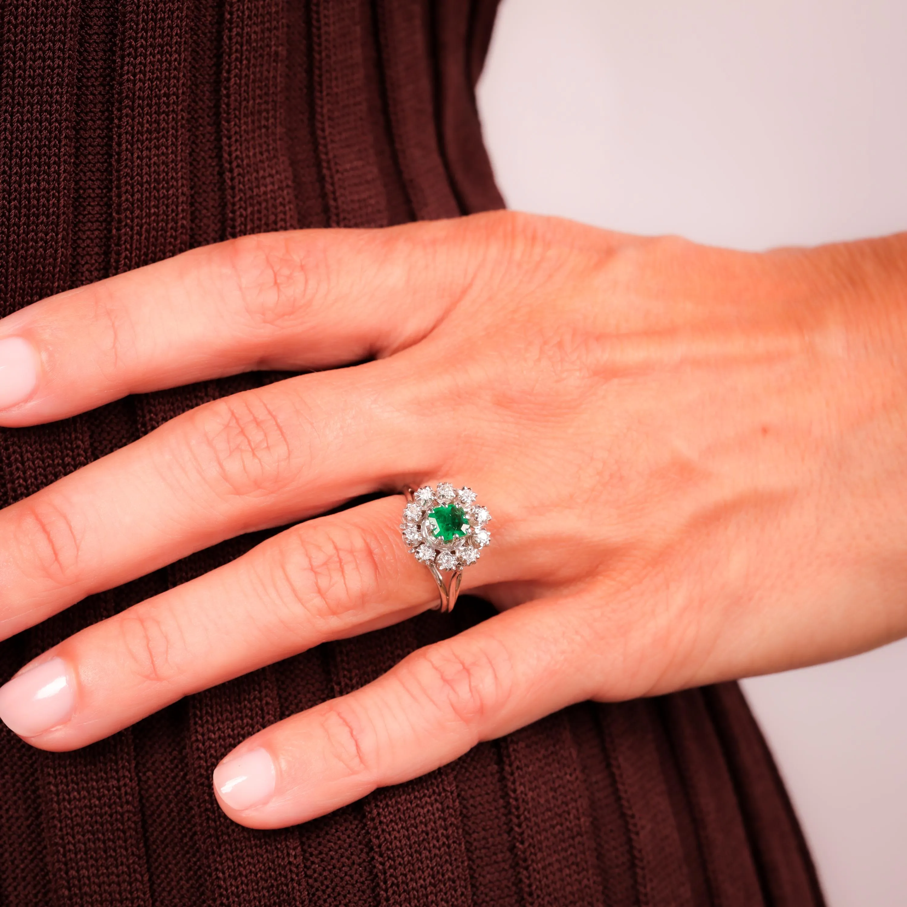 Mid Century Emerald Diamond 18K White Gold Cluster Ring