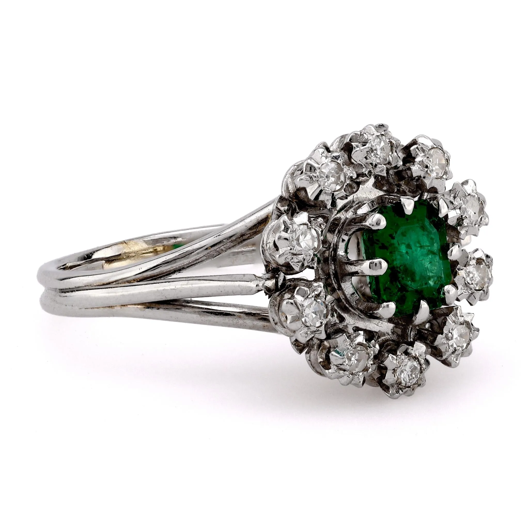 Mid Century Emerald Diamond 18K White Gold Cluster Ring