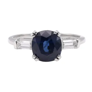 Mid Century Sapphire Diamond Platinum Three Stone Ring