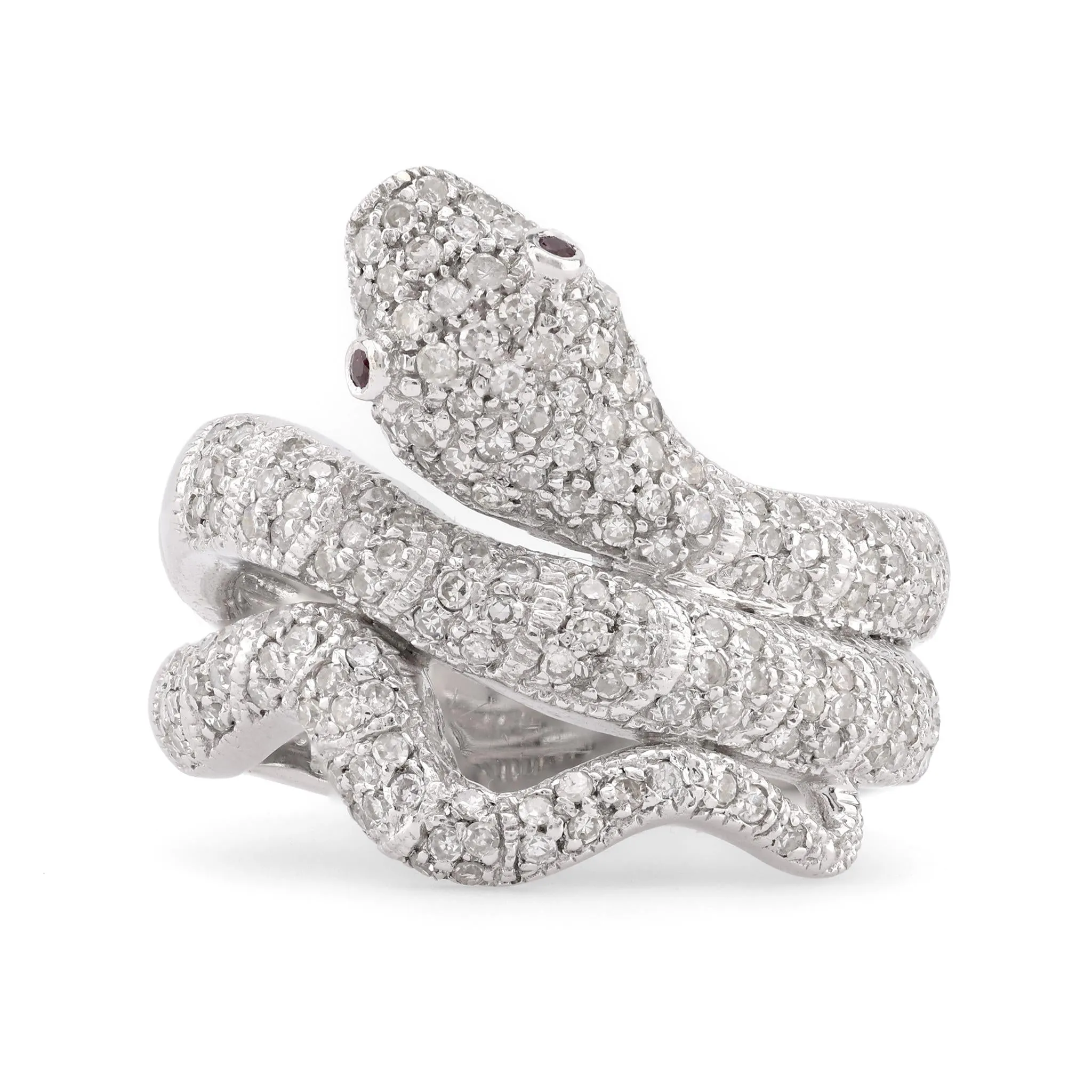 Modern Diamond Ruby 18K White Gold Snake Ring