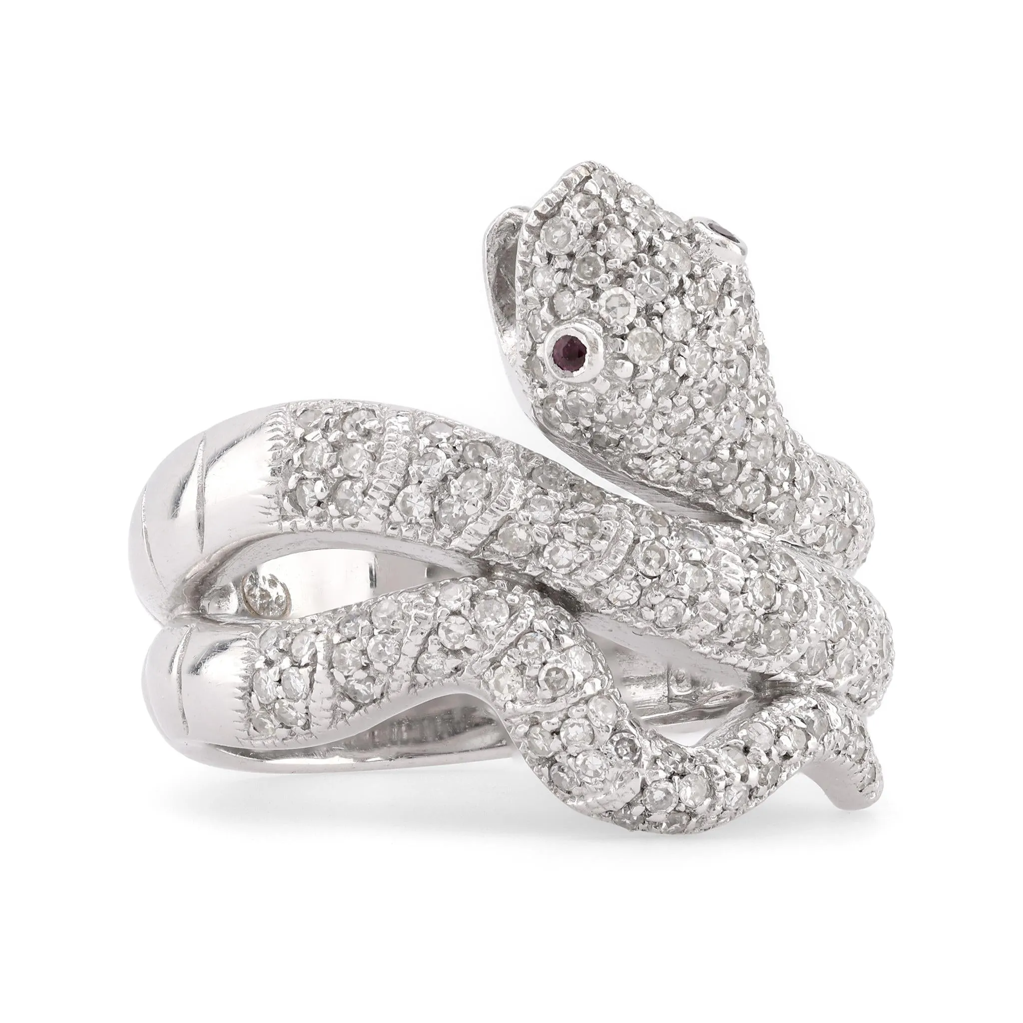 Modern Diamond Ruby 18K White Gold Snake Ring