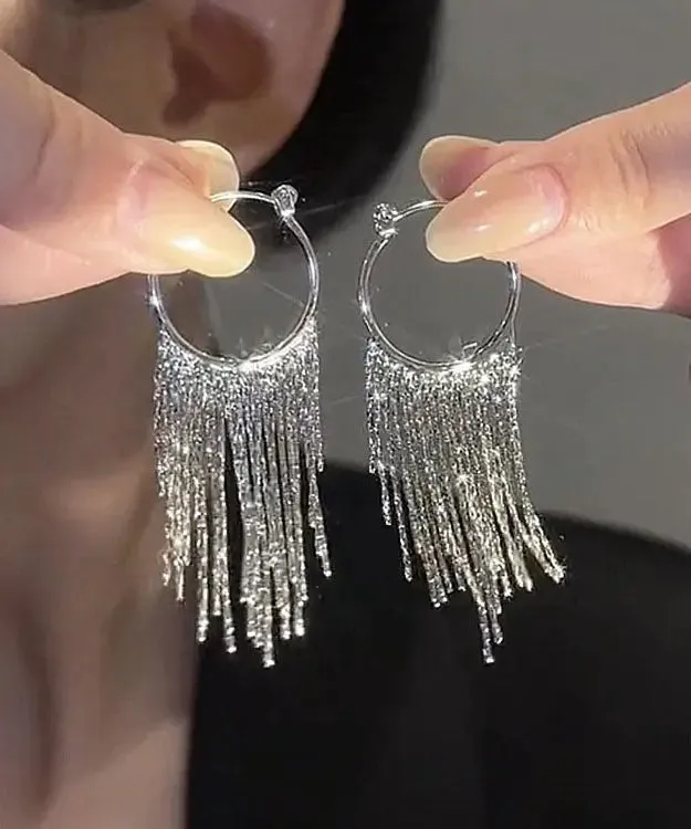 Modern Silk Copper Alloy Zircon Tassel Hoop Earrings LY8951