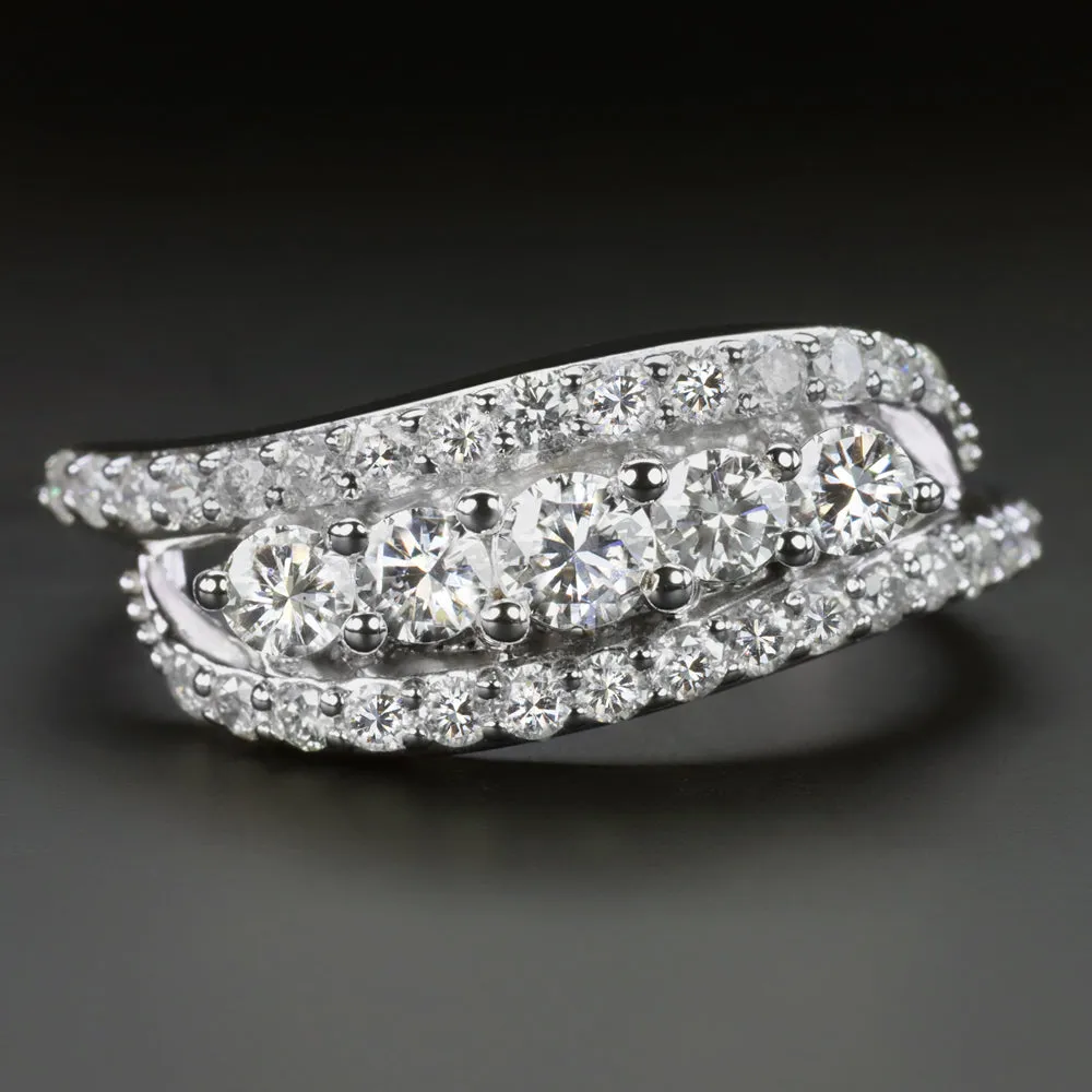 NATURAL DIAMOND COCKTAIL RING 0.90ct BYPASS CLUSTER BAND 14k WHITE GOLD 3 ROW