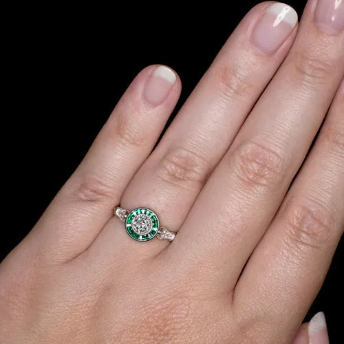 OLD EUROPEAN CUT DIAMOND ENGAGEMENT RING GIA CERTIFIED EMERALD VINTAGE STYLE