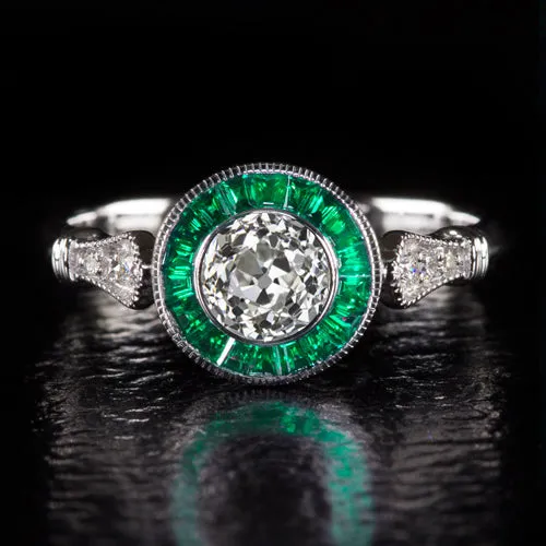 OLD EUROPEAN CUT DIAMOND ENGAGEMENT RING GIA CERTIFIED EMERALD VINTAGE STYLE