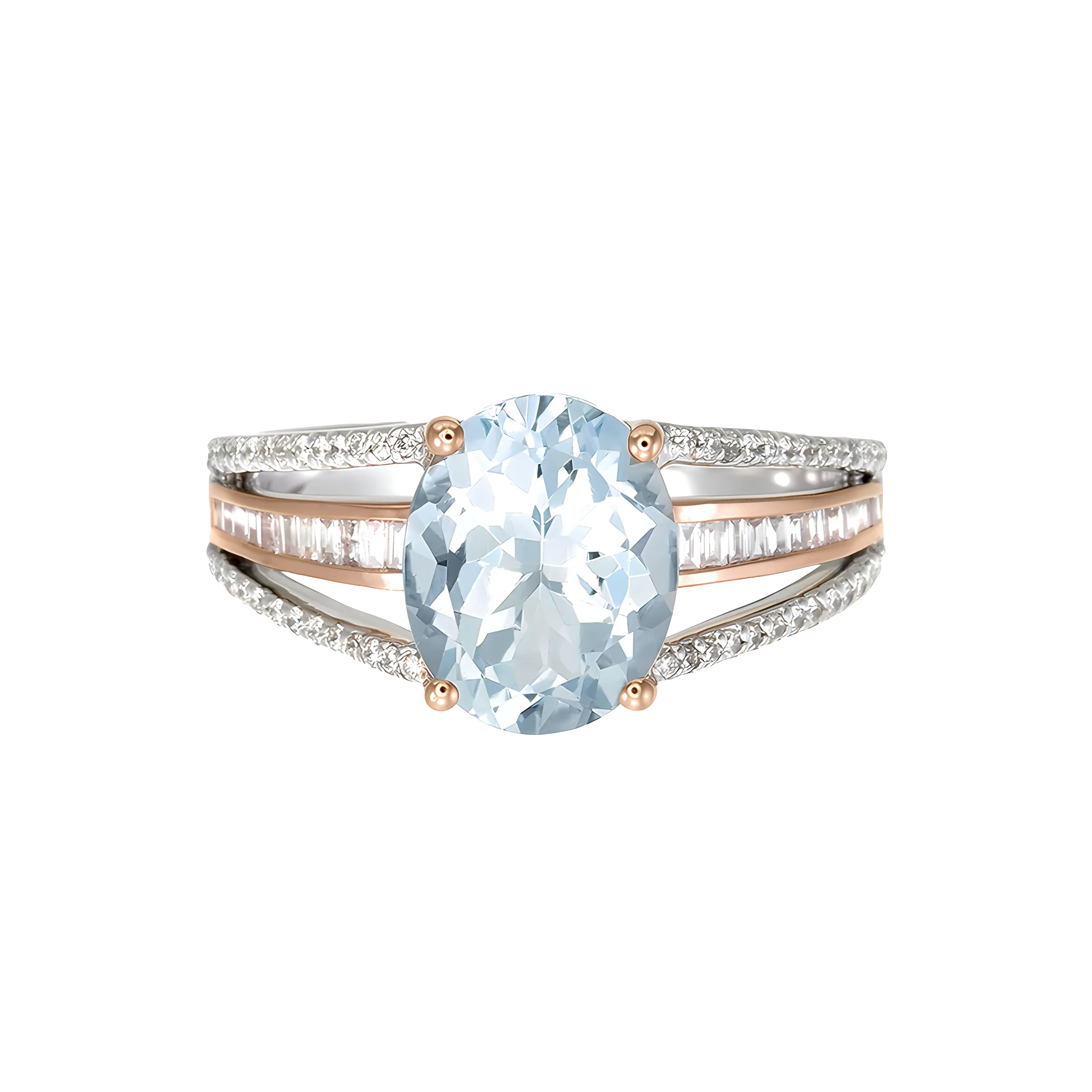 Oval Aquamarine and Diamond Split Ring in 18k Two Tone Gold