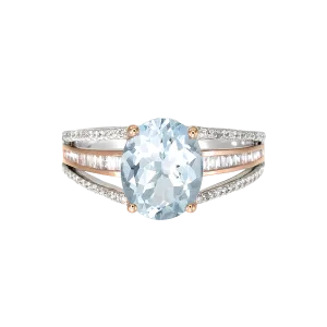 Oval Aquamarine and Diamond Split Ring in 18k Two Tone Gold