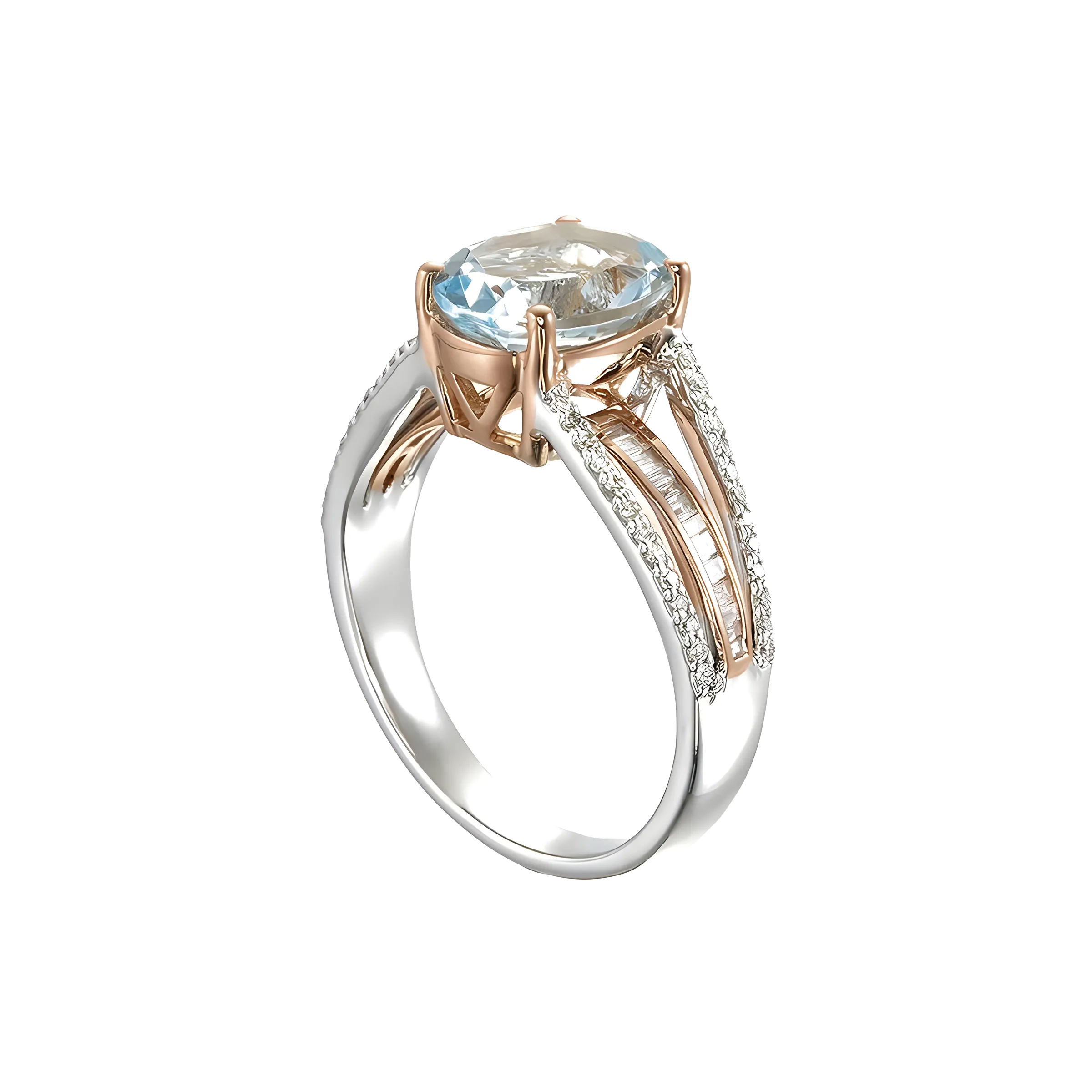 Oval Aquamarine and Diamond Split Ring in 18k Two Tone Gold