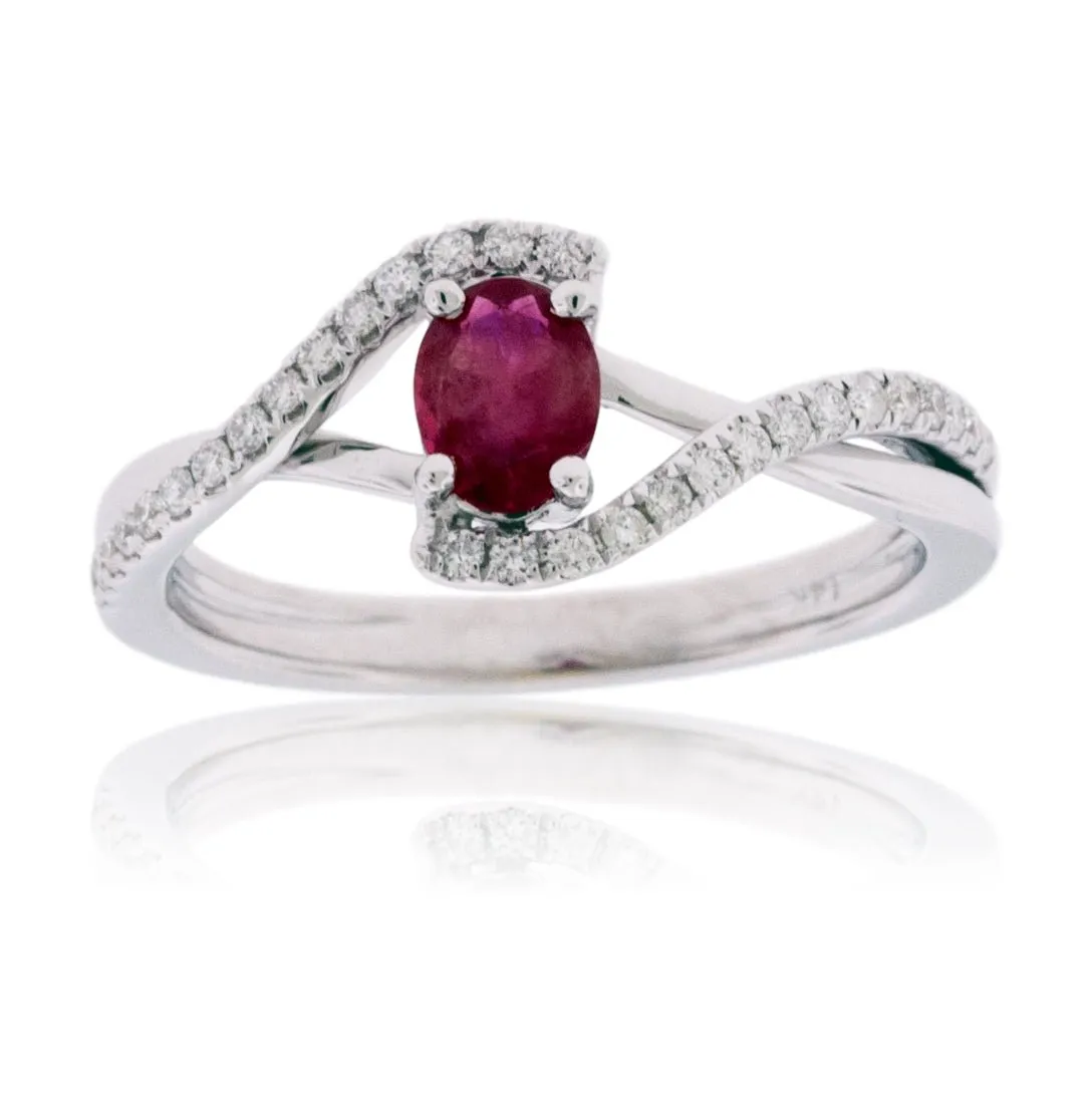 Oval Red Emerald with Diamond Bypass Shank Ring