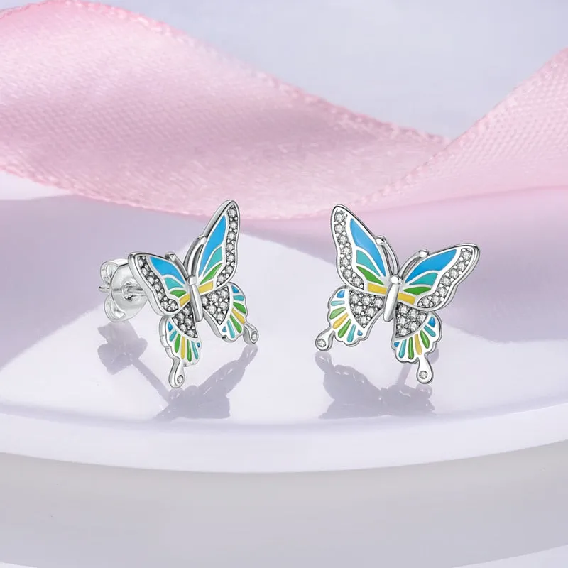 Pastel Color Zircon Butterfly Silver Earrings