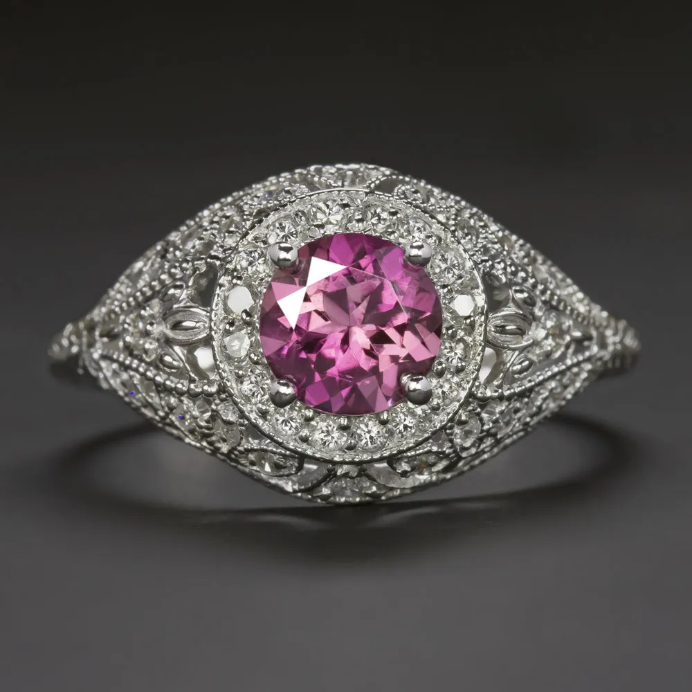 PINK TOURMALINE DIAMOND VINTAGE STYLE COCKTAIL RING HALO FILIGREE 14k WHITE GOLD