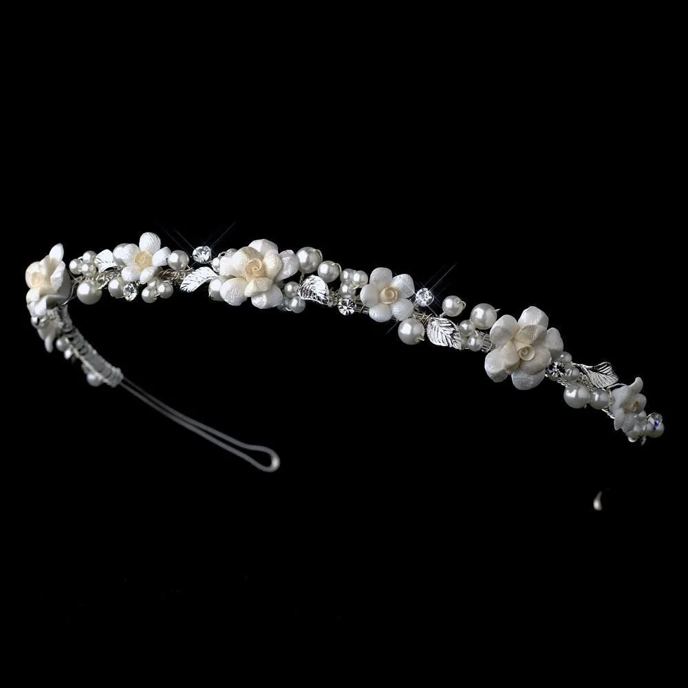 Pretty Ivory Porcelain Flower Pearl Crystal Bridal Headband