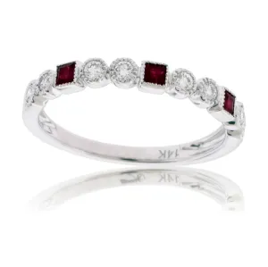 Princess Cut Ruby & Round Diamond Milgrain Style Stackable Band