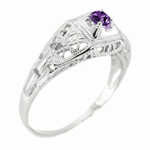 PURPLE AMETHYST STERLING SILVER VINTAGE STYLE COCKTAIL RING FILIGREE PROMISE