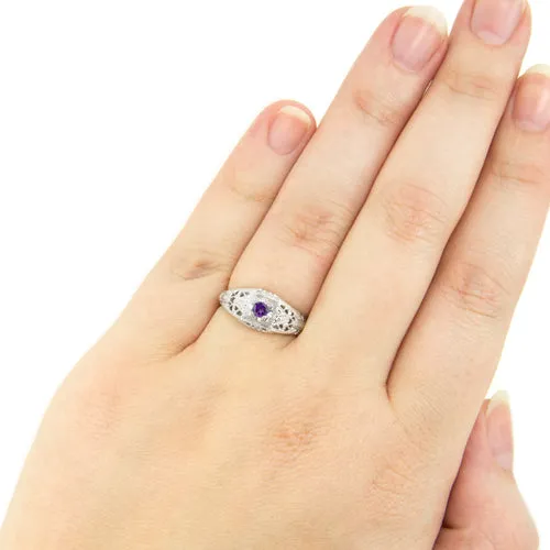 PURPLE AMETHYST STERLING SILVER VINTAGE STYLE COCKTAIL RING FILIGREE PROMISE