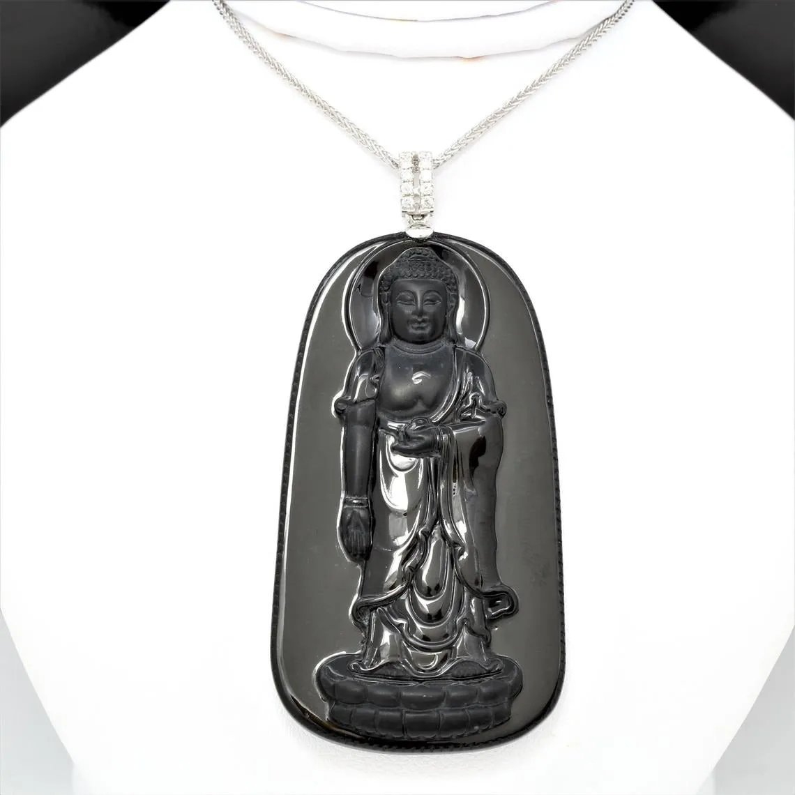 RealJade® Guan Yin 18k White Gold Genuine Burmese Black Jadeite Guanyin Pendant Necklace With Diamonds ( high quality )