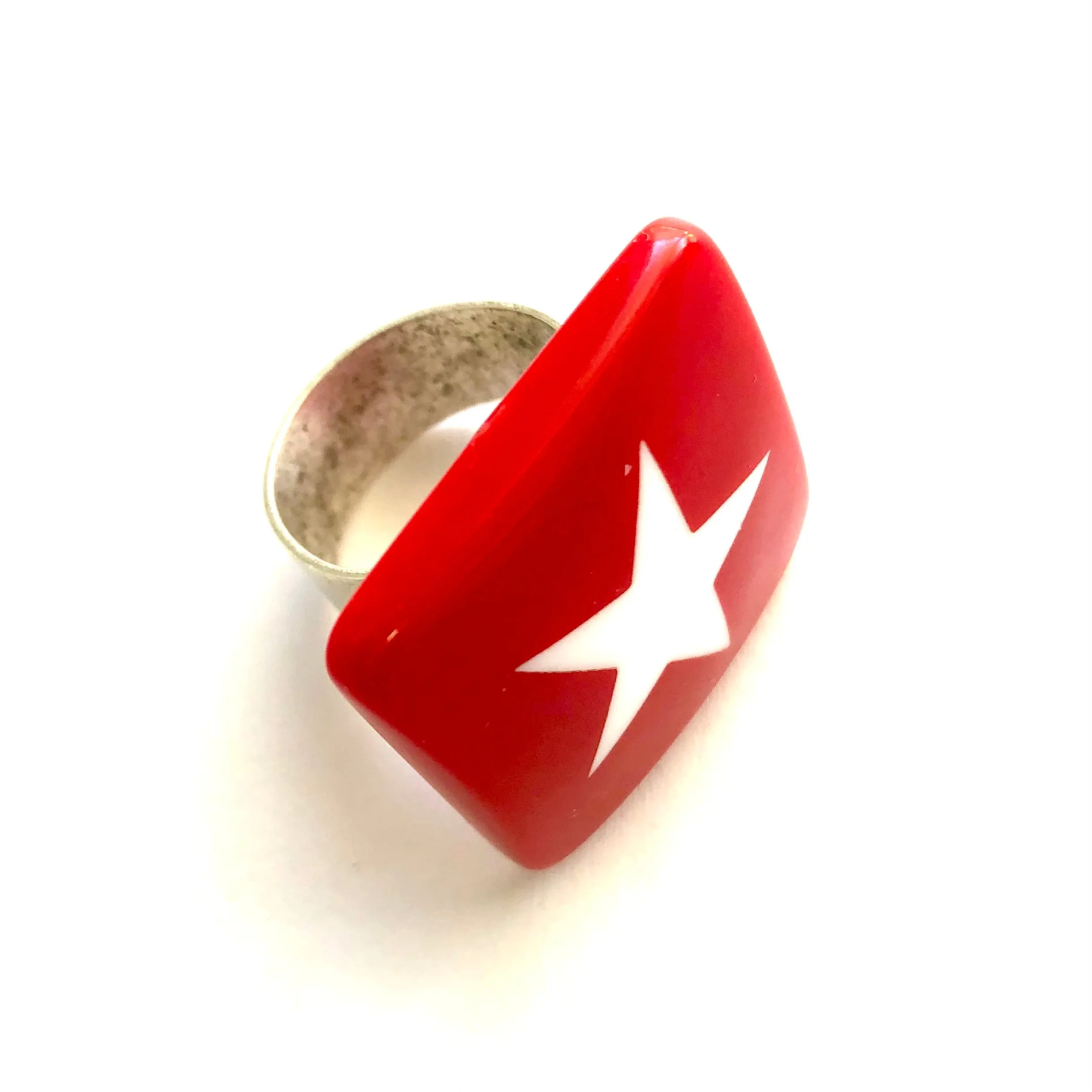 Red & White Star Lucite Silver Cocktail Ring