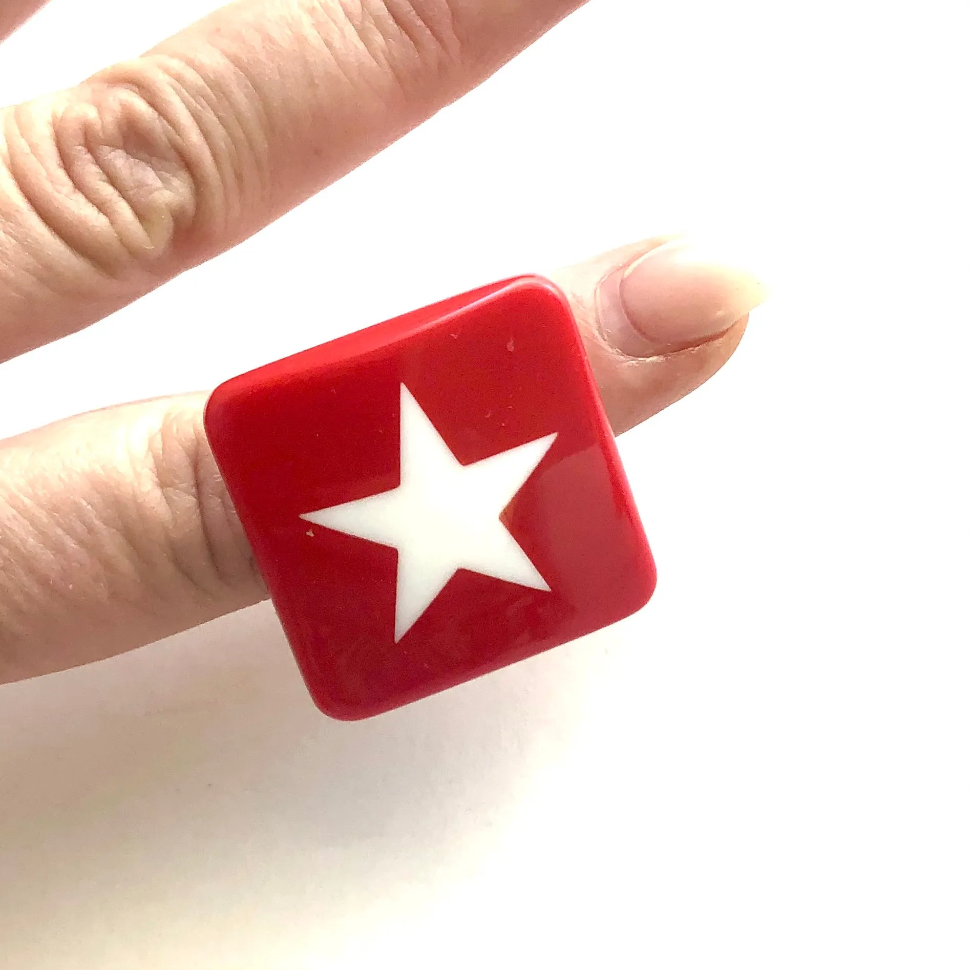 Red & White Star Lucite Silver Cocktail Ring