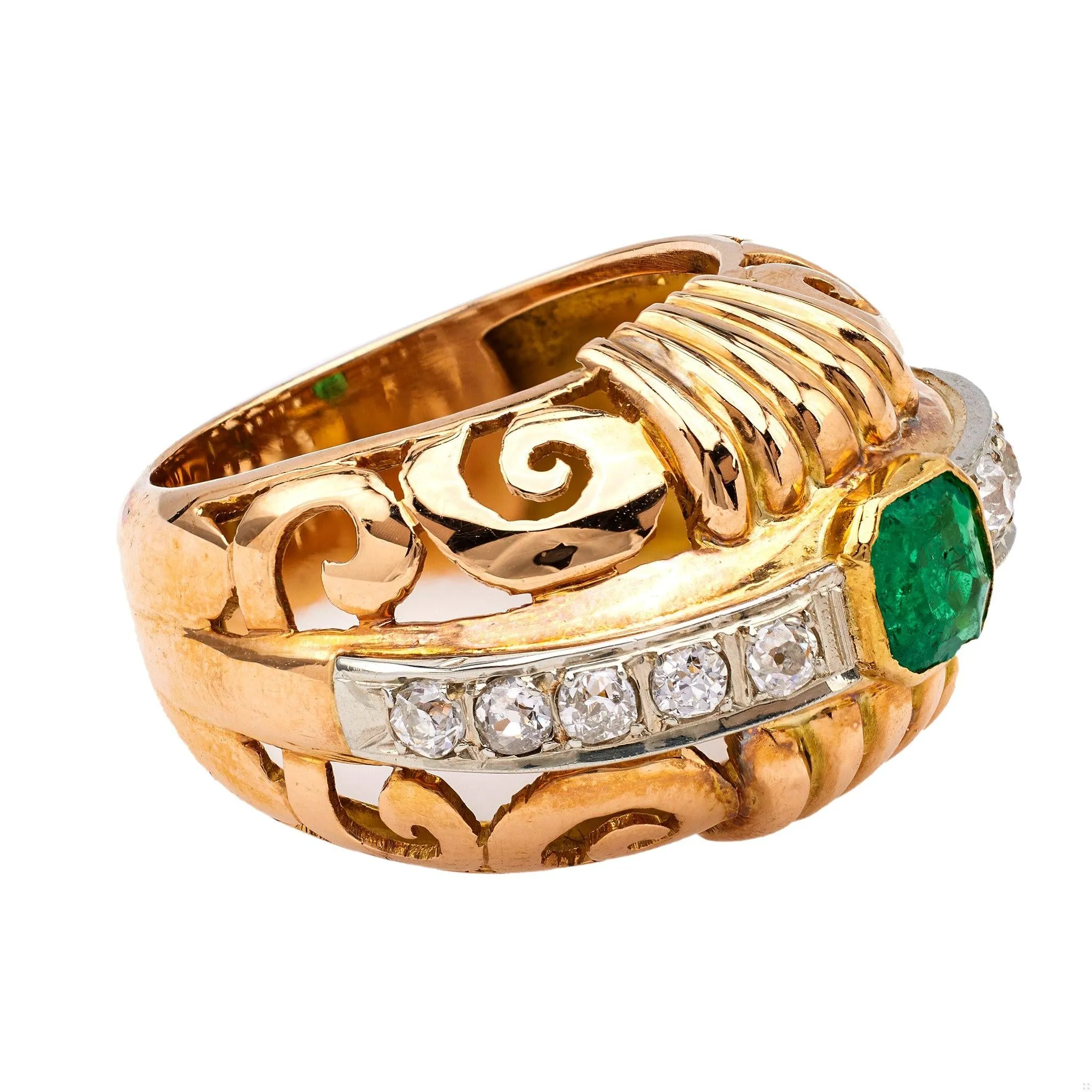 Retro French Emerald and Diamond 18k Rose Gold Platinum Dome Ring