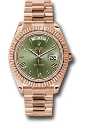 Rolex Everose Gold Day-Date 40 Watch - Fluted Bezel - Olive Green Bevelled Roman Dial - President Bracelet - 228235 ogrp