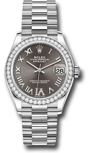 Rolex White Gold Datejust 31 Watch - Diamond Bezel - Dark Grey Diamond Roman Dial - President Bracelet 278289rbr dkgdr6p