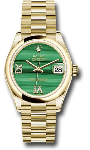 Rolex Yellow Gold Datejust 31 Watch - Domed Bezel - Malachite Diamond Six and Nine Dial - President Bracelet 278248 madr69p