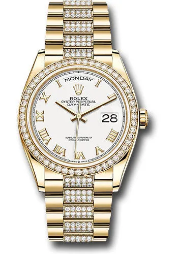 Rolex Yellow Gold Day-Date 36 Watch - Diamond Bezel - White Roman Dial - Diamond President Bracelet - 128348rbr wrdp