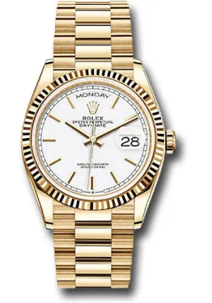 Rolex Yellow Gold Day-Date 36 Watch - Fluted Bezel - White Index Dial - President Bracelet - 128238 wip