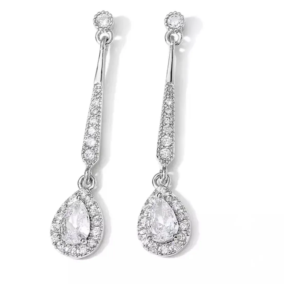 Silver Color Cubic Zircon Long Drop Earrings with Pear Shaped Stone