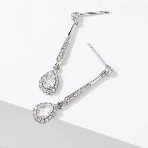 Silver Color Cubic Zircon Long Drop Earrings with Pear Shaped Stone