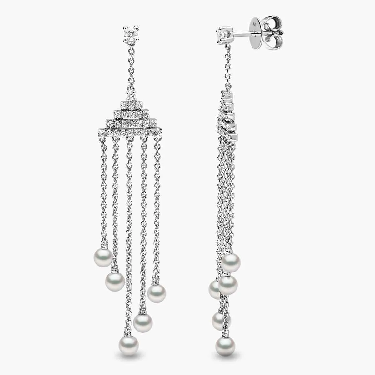 Sleek 18K Gold Pearl and Diamond Geometric Drop Earrings