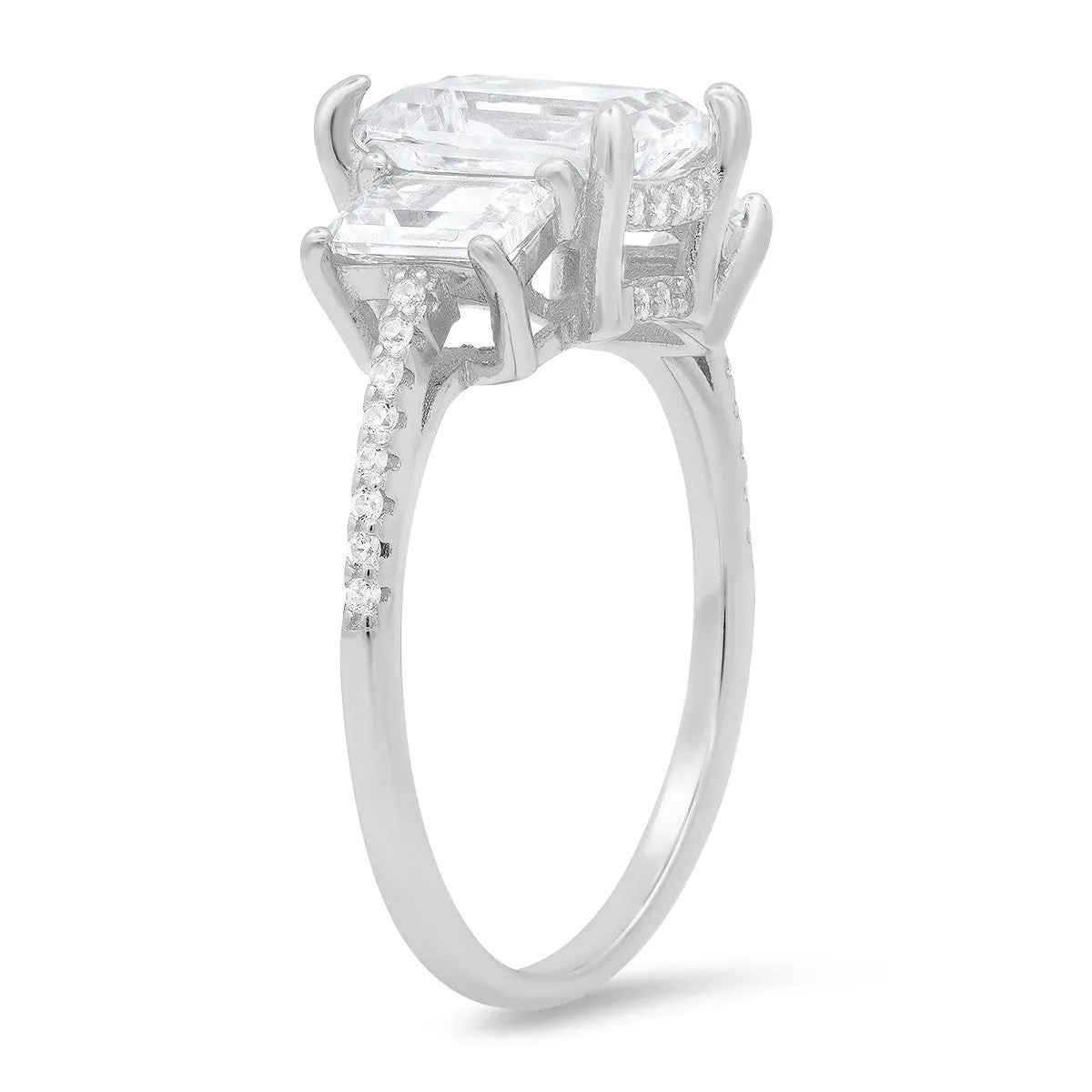 Sterling Silver 3-Stone Emerald-cut CZ Ring