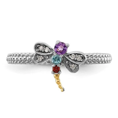 Sterling Silver & 14k Gold Stackable Expressions Gemstone Diamond Dragonfly Ring