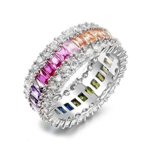 Sterling Silver Emerald Cut Rainbow Prong Eternity Band