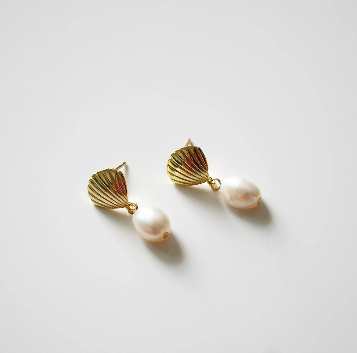 Summer Seashell Pearl Earrings, 18k Gold Plated .925 Sterling Silver Freshwater Pearl Post Statement Earrings