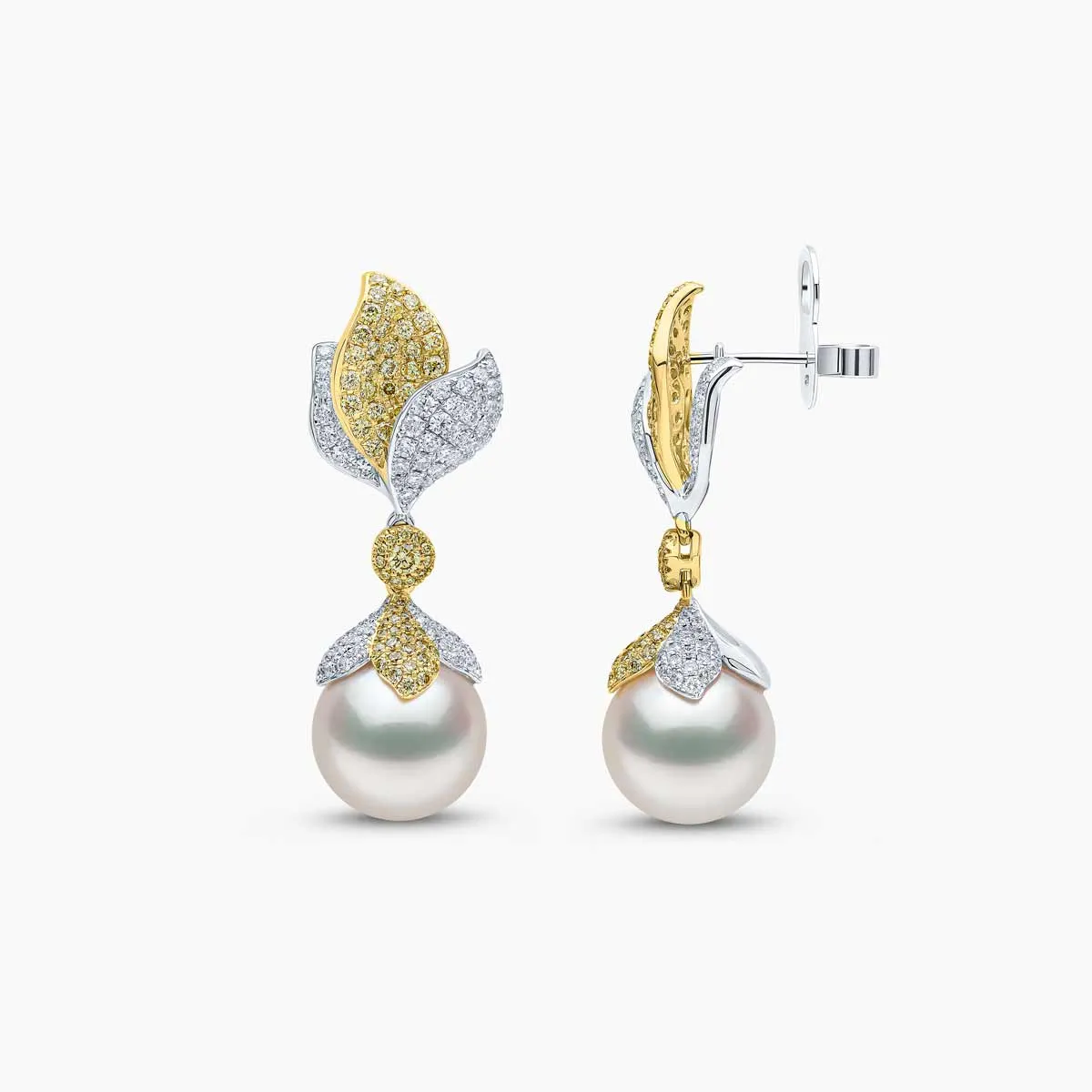 Sunrise 18k Gold South Sea Pearl Leaf Drop Diamond Earrings