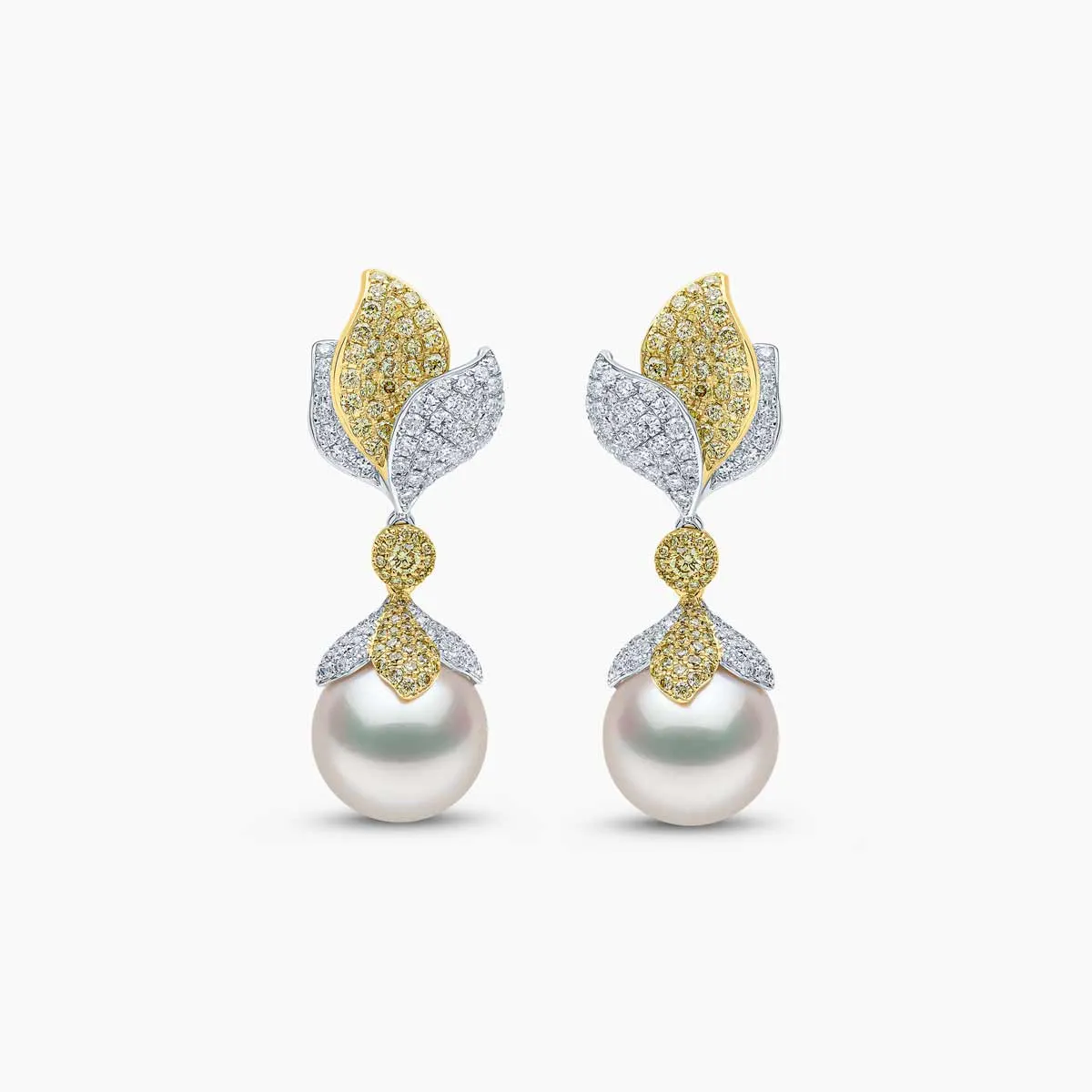 Sunrise 18k Gold South Sea Pearl Leaf Drop Diamond Earrings