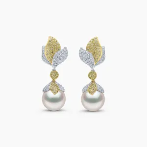 Sunrise 18k Gold South Sea Pearl Leaf Drop Diamond Earrings