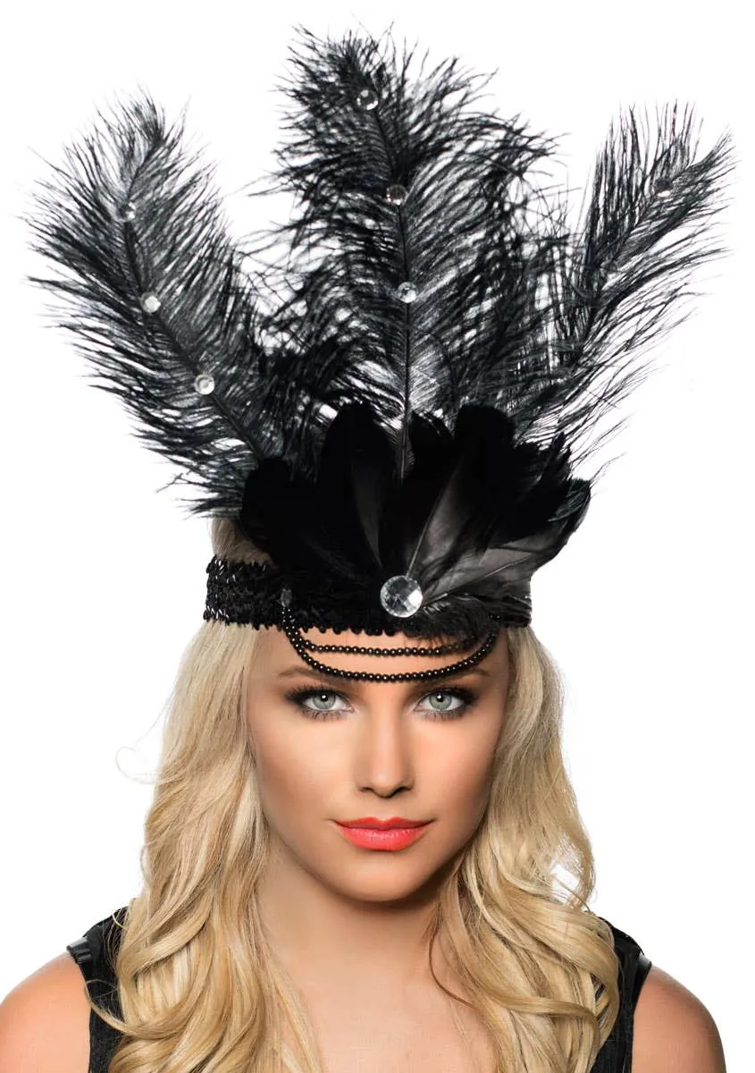 Tall Black Feather Showgirl Headpiece with Black Sequins