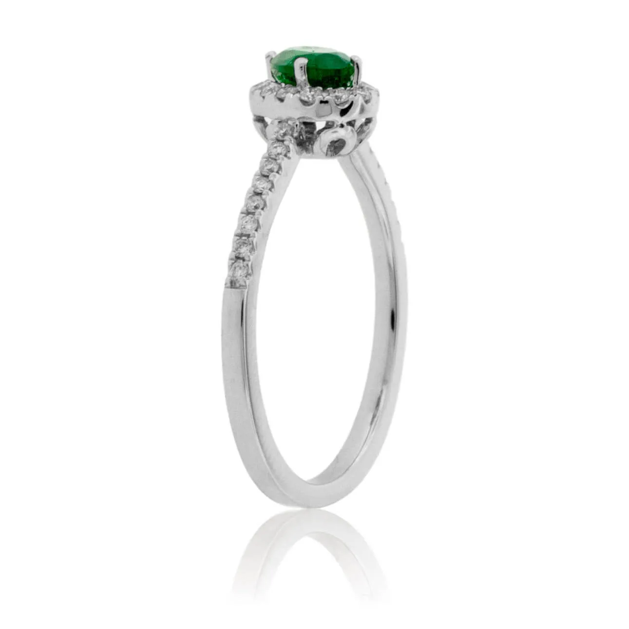 Tilted Oval Green Emerald & Diamond Halo Style Gold Ring