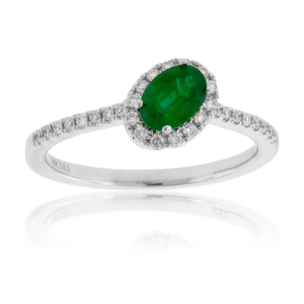 Tilted Oval Green Emerald & Diamond Halo Style Gold Ring