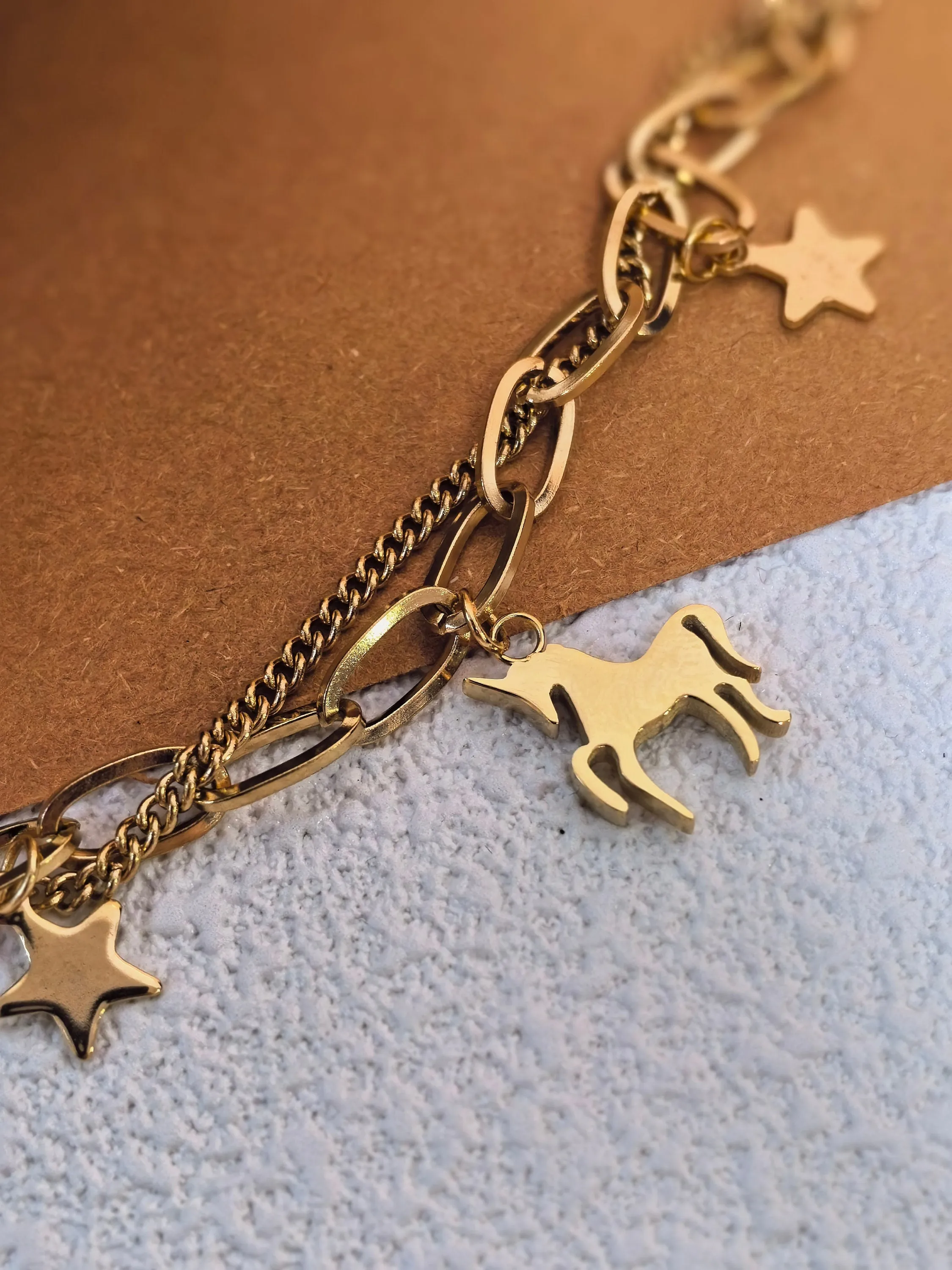 Titanium Steel Gold Plate Chain Link Unicorn Star Charm Layered Bracelet