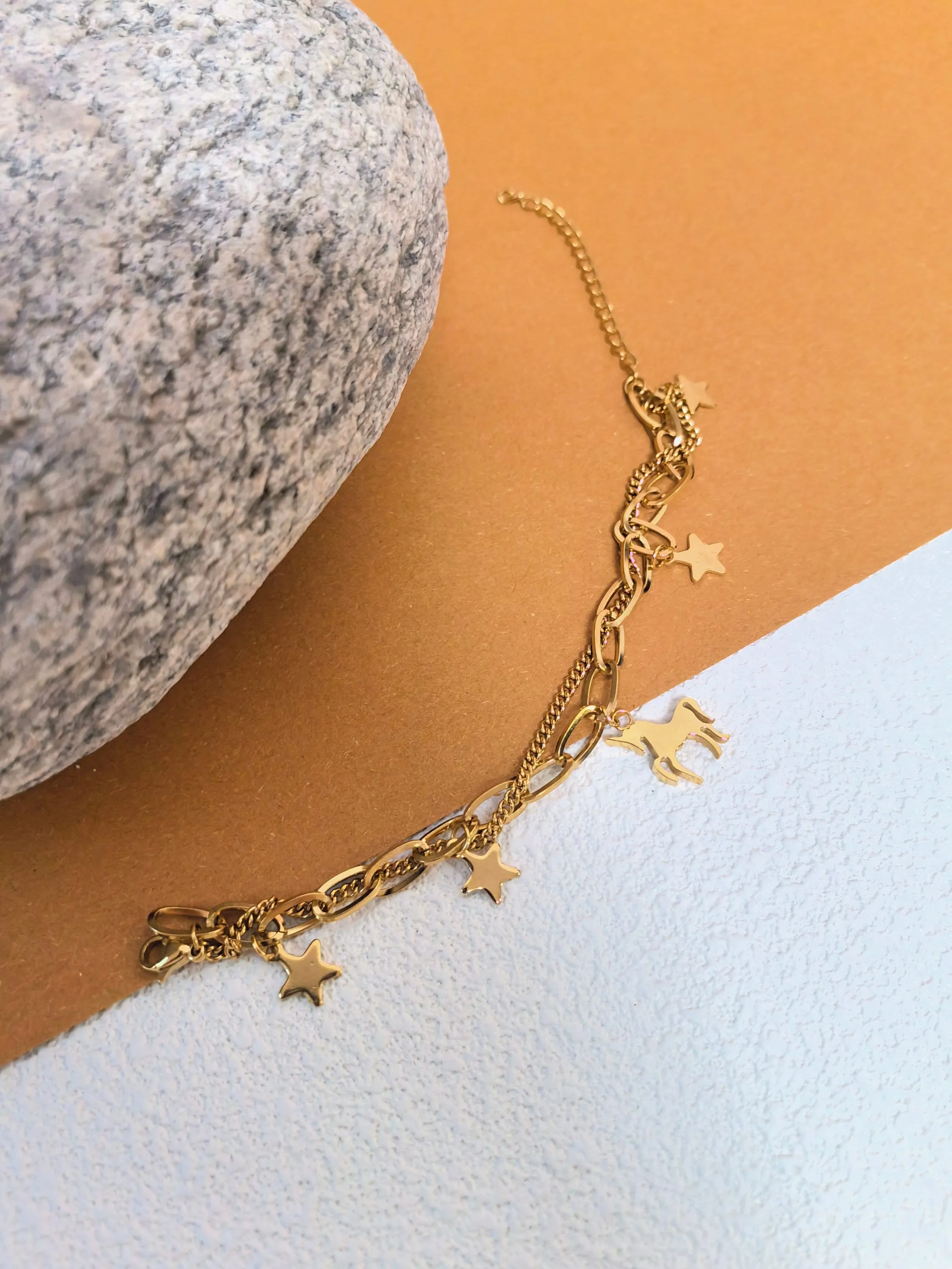 Titanium Steel Gold Plate Chain Link Unicorn Star Charm Layered Bracelet