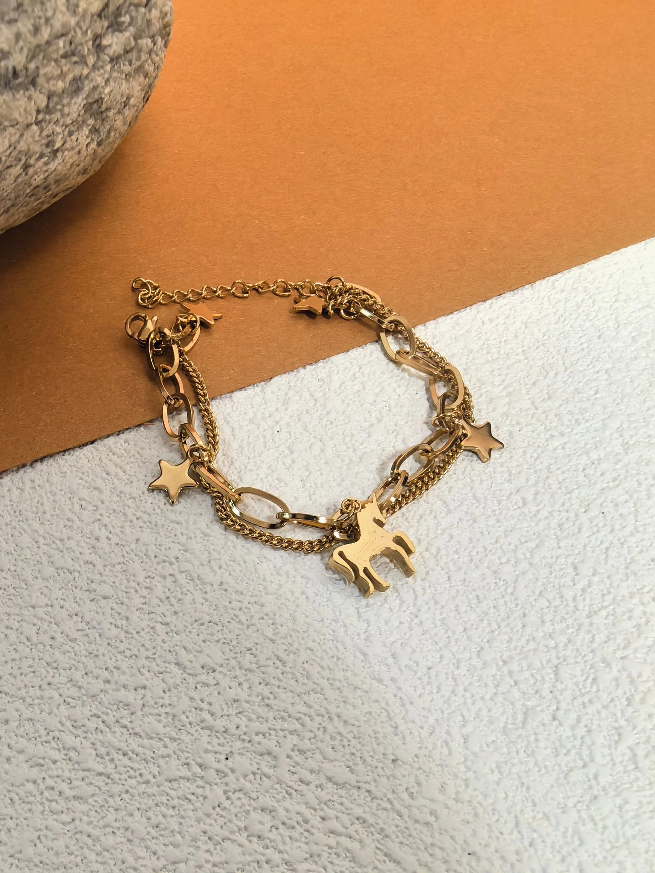 Titanium Steel Gold Plate Chain Link Unicorn Star Charm Layered Bracelet