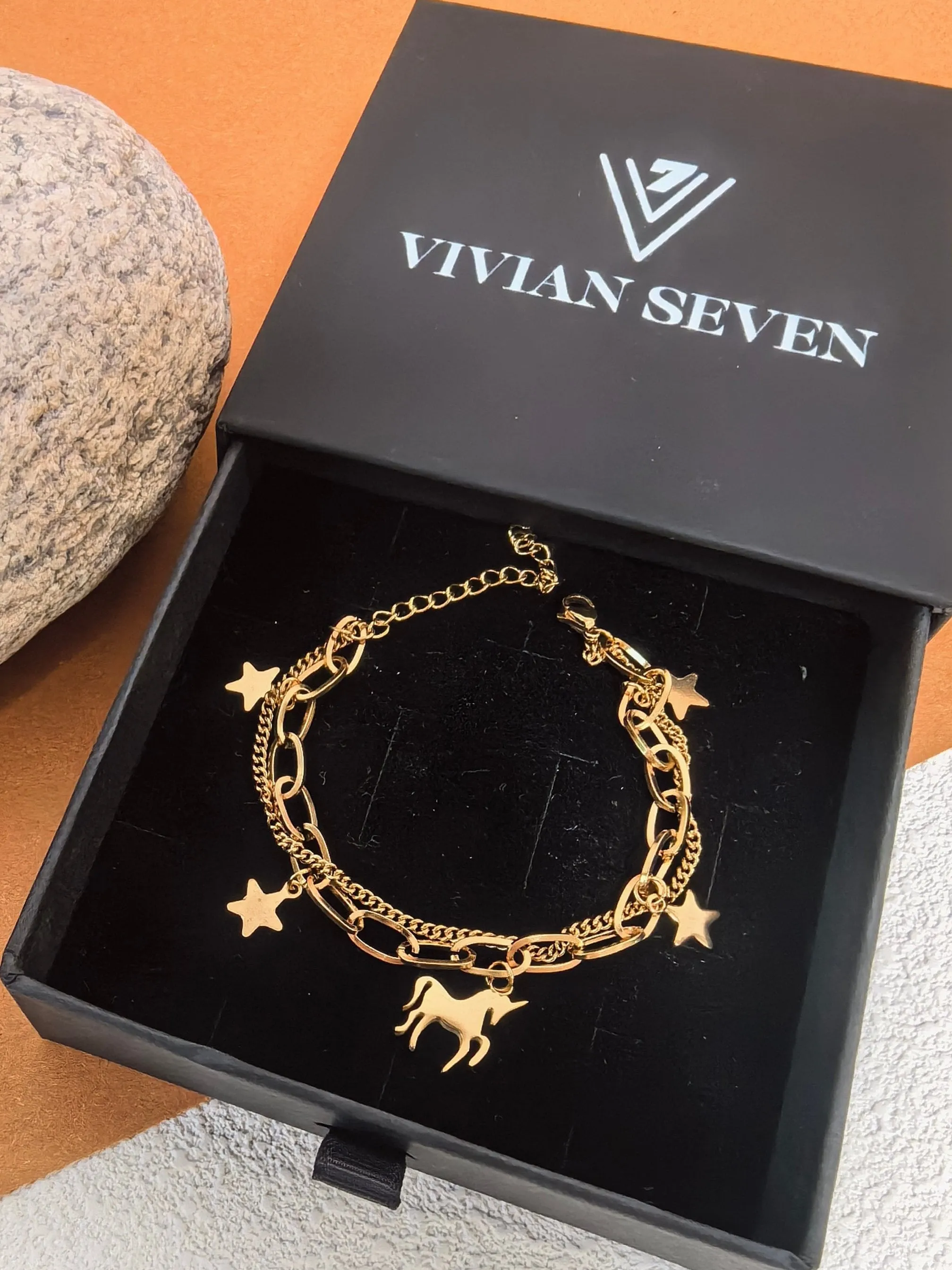 Titanium Steel Gold Plate Chain Link Unicorn Star Charm Layered Bracelet