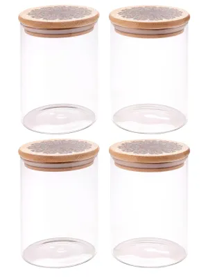 UMAI Pack of 4 Kitchen Containers Set Glass Jars with Printed Bamboo Lids I Airtight Storage for Cookies, Snacks, Spices I 600 ml Each | Multiutility Borosilicate Jars for Tea, Coffee, Sugar