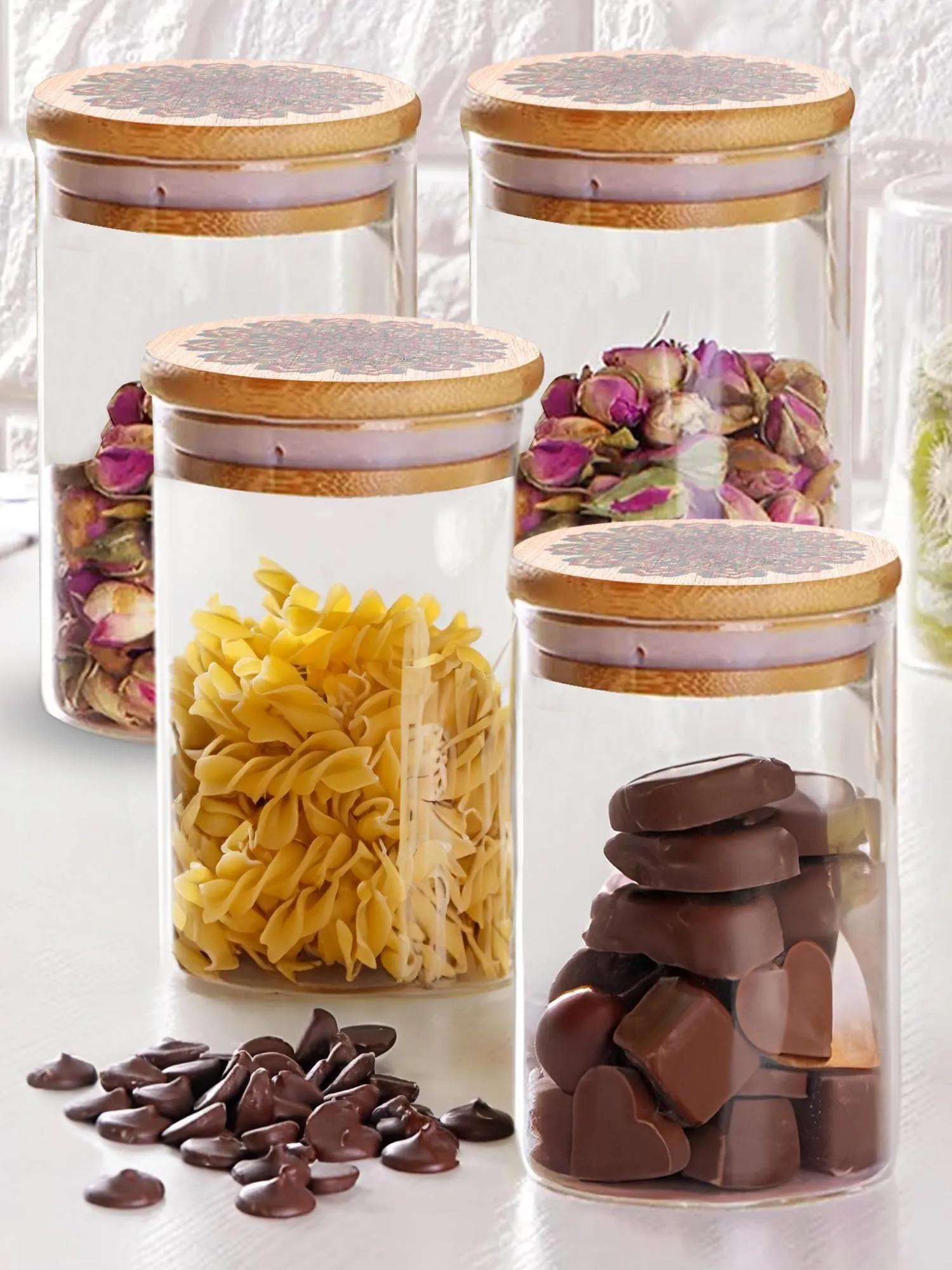 UMAI Pack of 4 Kitchen Containers Set Glass Jars with Printed Bamboo Lids I Airtight Storage for Cookies, Snacks, Spices I 600 ml Each | Multiutility Borosilicate Jars for Tea, Coffee, Sugar