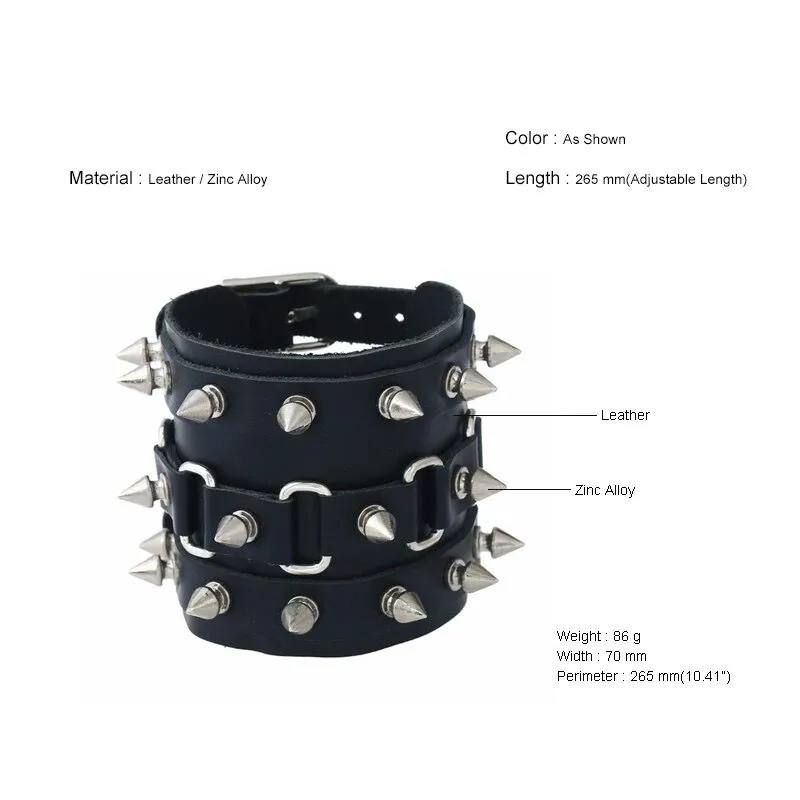 Unique Three Row Cuspidal Spikes Rivet Stud Wide Cuff / Gothic Leather Bracelet